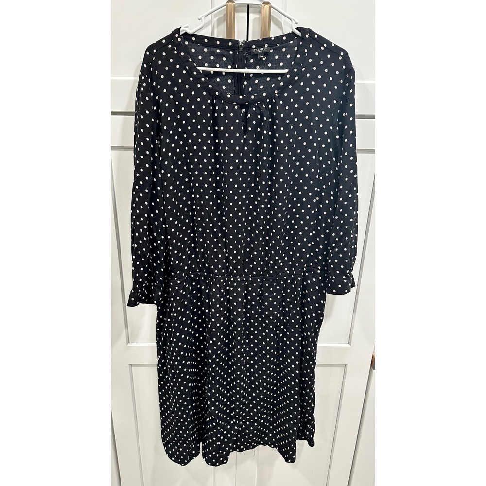 Talbots Woman Black White Polka Dot Dress 22W 3/4 Sleeve V-Neck A-Line